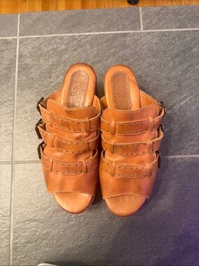 Freebird Tan Studded Leather Triple-Strap Slide Mules